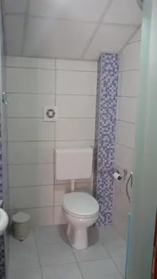 a small bathroom with a toilet and a shower at Athos Apartments in Niš