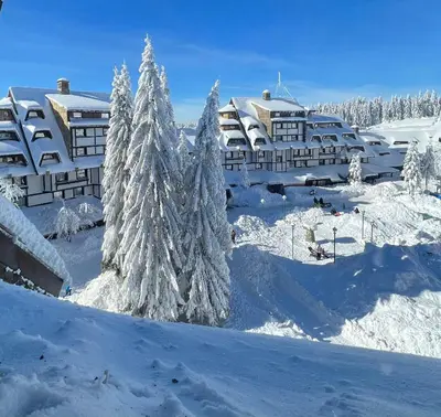 a resort in the snow with snow covered trees at Apartments Konaci Centar in Kopaonik