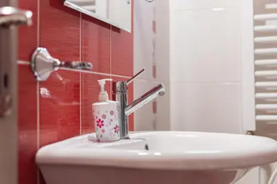 a bathroom sink with a bottle of soap on it at Poseidon Apartment in Niš