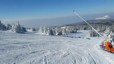 a snow covered ski slope with people skiing on it at Apartment Dream Konaci in Kopaonik