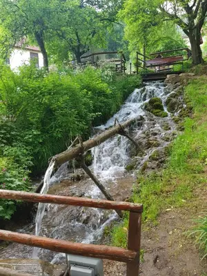 a waterfall in a park with a bench next to it at Guest House Lisinski Raj in Despotovac