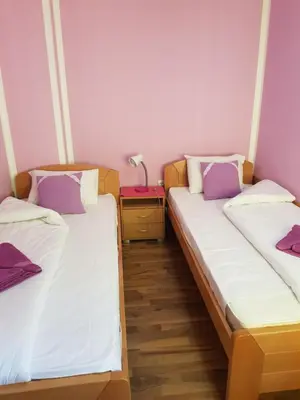 a room with two beds and a table with a lamp at Guest House Lisinski Raj in Despotovac