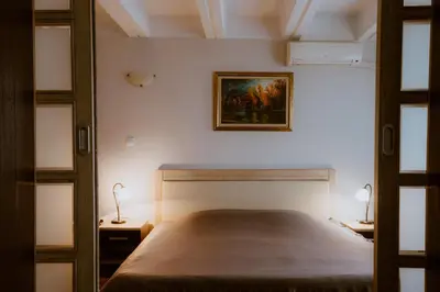 a bedroom with a bed and a painting on the wall at Medical and Spa Centre Merkur in Vrnjačka Banja