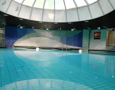 a large swimming pool with a domed ceiling at Medical and Spa Centre Merkur in Vrnjačka Banja
