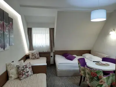 a hotel room with a bed and a table and chairs at Select Lux Apartments Konaci Kopaonik in Kopaonik