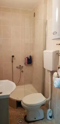 a bathroom with a shower with a toilet and a sink at Nice apartment in Niš