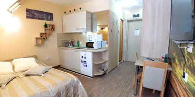 a small room with a bed and a kitchen at Elite Apartment Konaci in Kopaonik