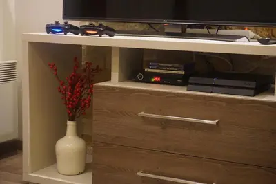 a entertainment center with a television and a vase with flowers at Apartment F10 Milmari Resort in Kopaonik