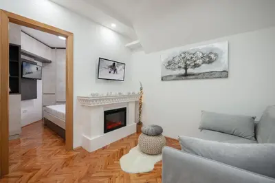 a living room with a couch and a fireplace at Apartman Kopaonik Despotovic in Kopaonik