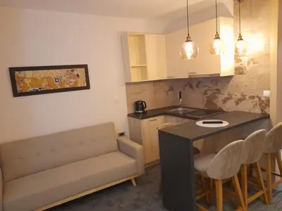 a kitchen with a couch and a table in a room at Snow White apartments in Kopaonik