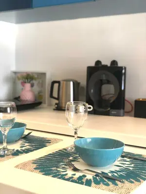 a kitchen counter with two bowls and glasses on a table at MONI Luxury Apartments in Kopaonik