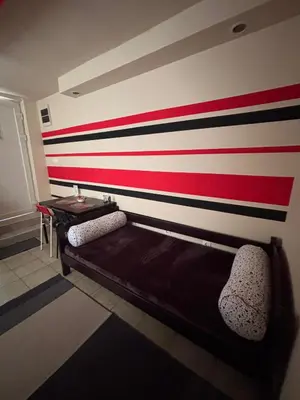 a room with a wall with red and black stripes at Dody Apartmani in Leskovac
