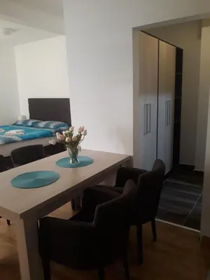 a room with a table and chairs and a bed at Dvori Apartments in Kopaonik