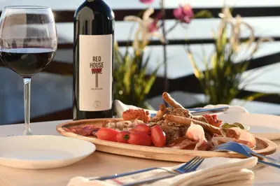 a table with a plate of food and a glass of wine at Dvori Apartments in Kopaonik