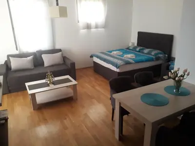a living room with a couch and a table at Dvori Apartments in Kopaonik