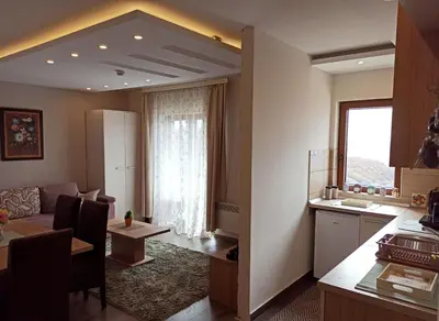 a kitchen and living room with a couch and a table at Modern Lux Apartment H8 at Milmari Resort in Kopaonik