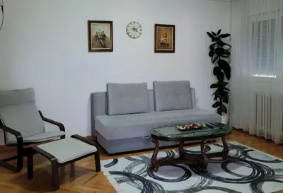 a living room with a couch and a coffee table at Community Park Apartment in Niš