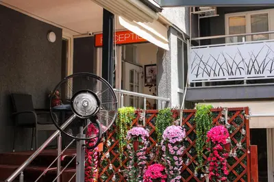 a fan in front of a balcony with flowers at Bed and Breakfast Majesty in Niš