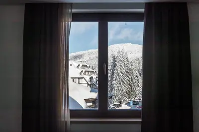 a window with a view of a snow covered mountain at Apart Hotel Mamut in Kopaonik