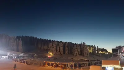 a group of buses parked in a parking lot at night at Apartman Jelač Konaci in Kopaonik