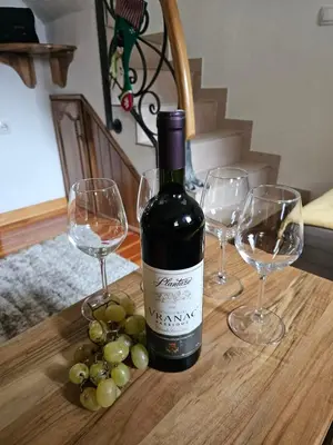 a bottle of wine sitting on a table with wine glasses at Dajoda free spa in Kopaonik
