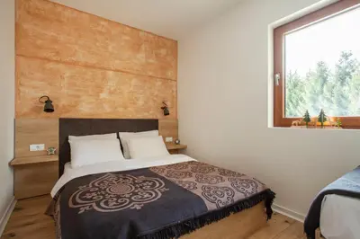 a bedroom with a bed with a large window at Chalet Vrhovi Kopaonika in Kopaonik