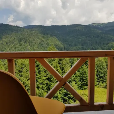 a balcony with a view of the mountains at Chalet Vrhovi Kopaonika in Kopaonik