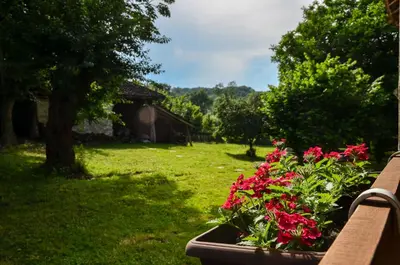 a bench with red flowers in a yard at Kuca za odmor Radovanovic in Despotovac