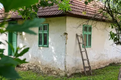 an old house with green windows and a ladder at Kuca za odmor Radovanovic in Despotovac