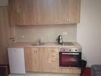 a small kitchen with a sink and a stove at Apartmani ŽUPA in Kopaonik
