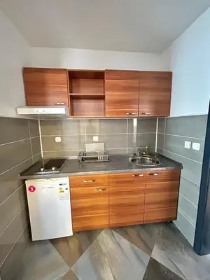 a kitchen with wooden cabinets and a sink and a refrigerator at Vila Markovic-a in Soko Banja