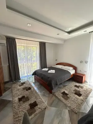 a bedroom with a bed and two rugs at Vila Markovic-a in Soko Banja