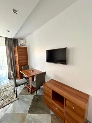 a room with a desk and a television on a wall at Vila Markovic-a in Soko Banja