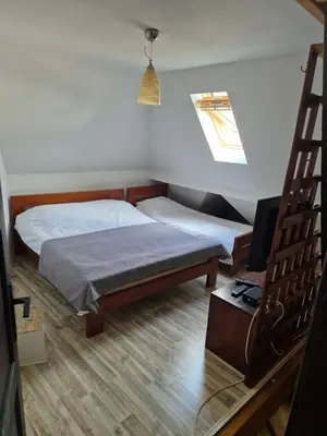 a bedroom with a bed and a tv and a window at kraljevski apartman in Kopaonik