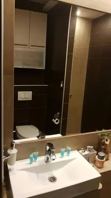 a bathroom with a sink with a toilet and a mirror at Exclusive Apartment B7 Milmari Resort in Kopaonik