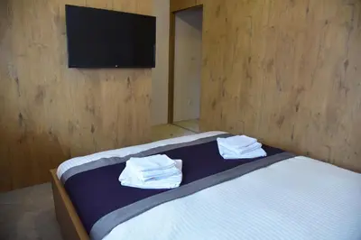 a bedroom with a bed with a television on the wall at Apartment Mint in Kopaonik