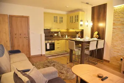 a kitchen and living room with a couch and a table at Apartment Mint in Kopaonik