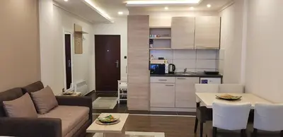 a living room with a couch and a table and a kitchen at Shining Apartment Milmari M11 in Kopaonik