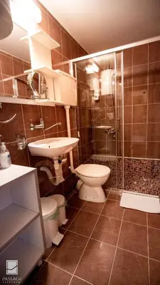 a bathroom with a toilet and a shower and a sink at Apartments Passage in Vrnjačka Banja