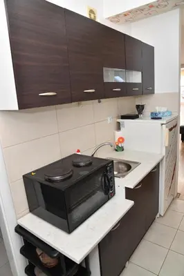 a small kitchen with a microwave and a sink at Stan Na Dan in Niš