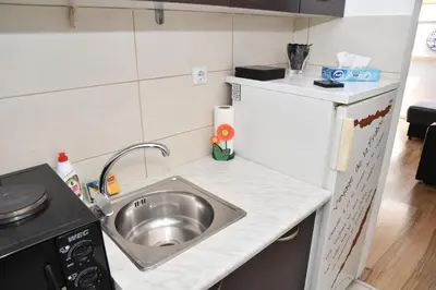 a small kitchen with a sink and a refrigerator at Stan Na Dan in Niš