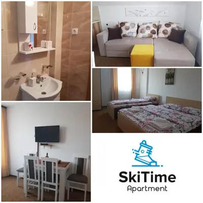 a collage of pictures of a bedroom and a bathroom at SkiTime Apartment in Kopaonik