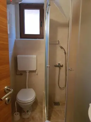 a small bathroom with a toilet and a shower at SkiTime Apartment in Kopaonik
