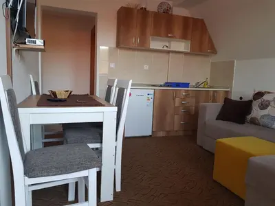 a kitchen with a table and a kitchen with a couch at SkiTime Apartment in Kopaonik