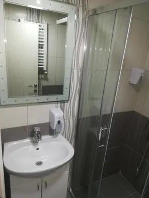 a bathroom with a sink and a shower with a mirror at Karavan 123 in Raška