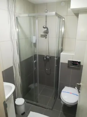 a bathroom with a shower with a toilet and a sink at Karavan 123 in Raška