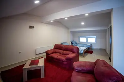 a living room with a couch and a table at City Center Apartments in Pirot