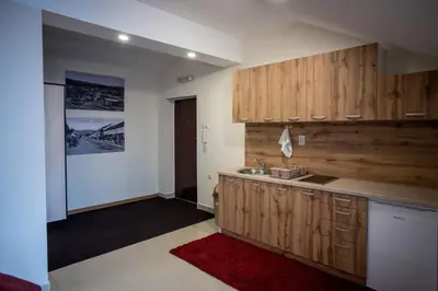 a kitchen with wooden cabinets and a sink at City Center Apartments in Pirot