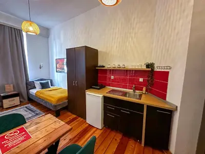 a kitchen with a sink and a room with a bed at The Only One Apartments in Niš