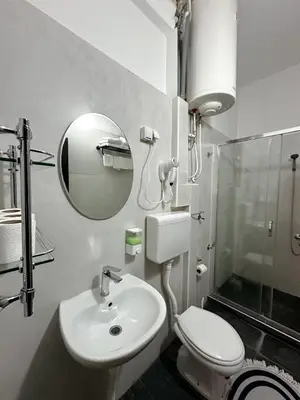 a bathroom with a sink and a toilet and a mirror at The Only One Apartments in Niš